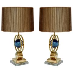 Italian Modern Pair of Brass Lamps with Whole Round Agate Stones in Blue Tones