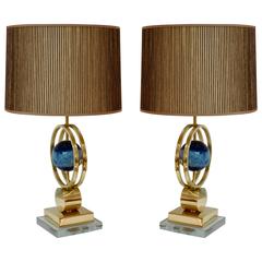 Italian Modern Pair of Brass Lamps with Whole Round Agate Stones in Blue Tones