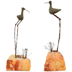 Pair of Bird and Grass Bronze Sculpture on Rocks by C. Jere