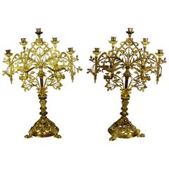 Antique European Pair of Five-Light Brass and Bronze Candelabras