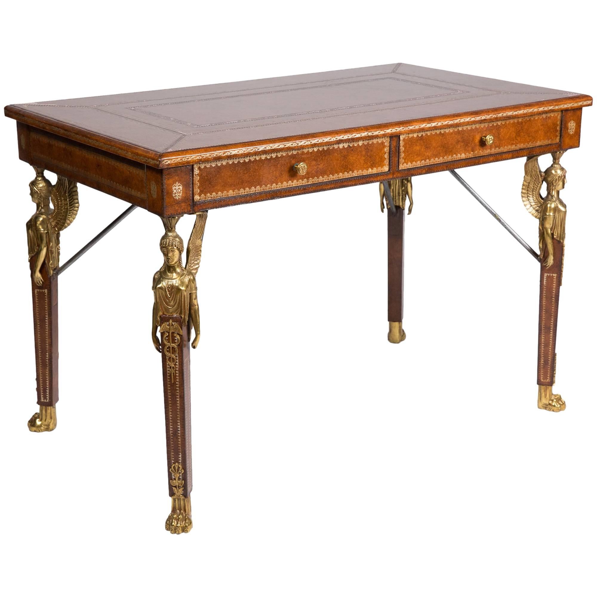 Gilt Tooled Leather Two-Drawer Desk by Maitland Smith For Sale