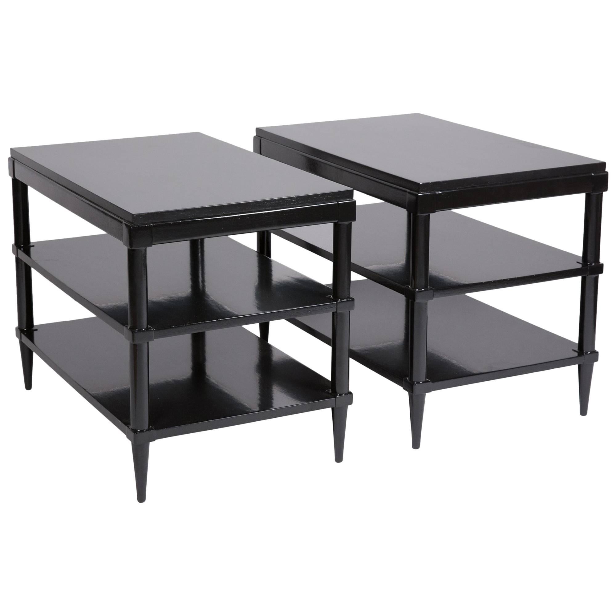 Pair of Black Lacquered Three-Tier End Tables For Sale