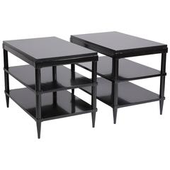 Pair of Black Lacquered Three-Tier End Tables