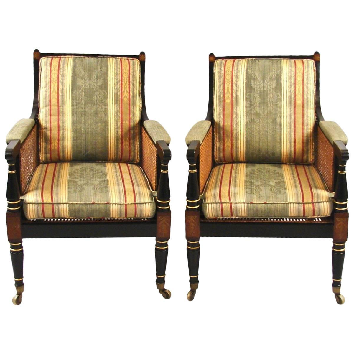 Regency Black and Gold Rosewood and Brass Inlaid Bergeres