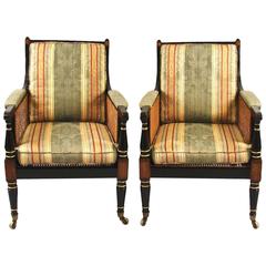 Regency Black and Gold Rosewood and Brass Inlaid Bergeres