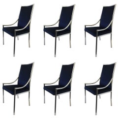 Set of Six Chrome and Royal Blue Velvet Dining Chair Attributed to Pierre Cardin
