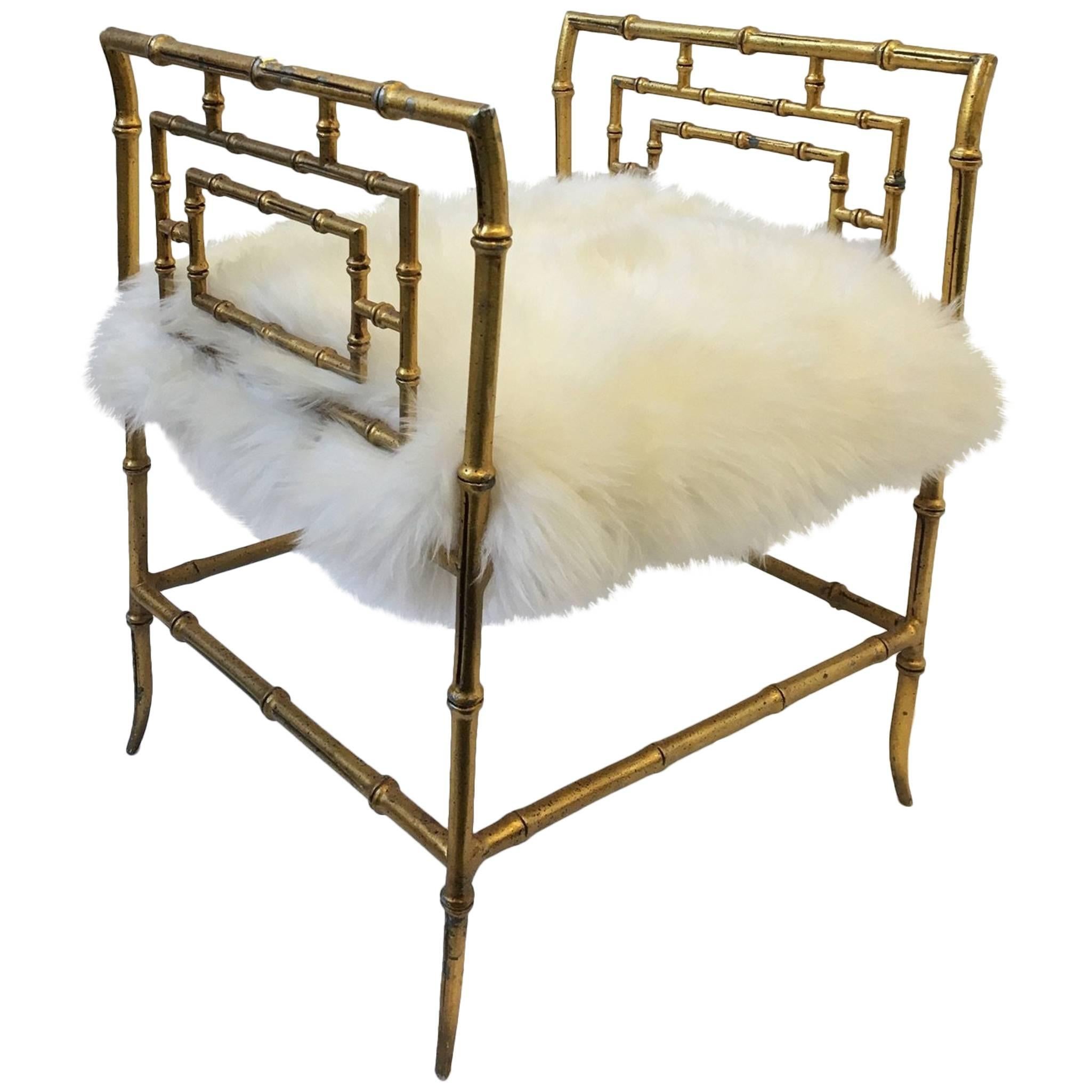 Gilded Faux Bamboo and Sheepskin Stool