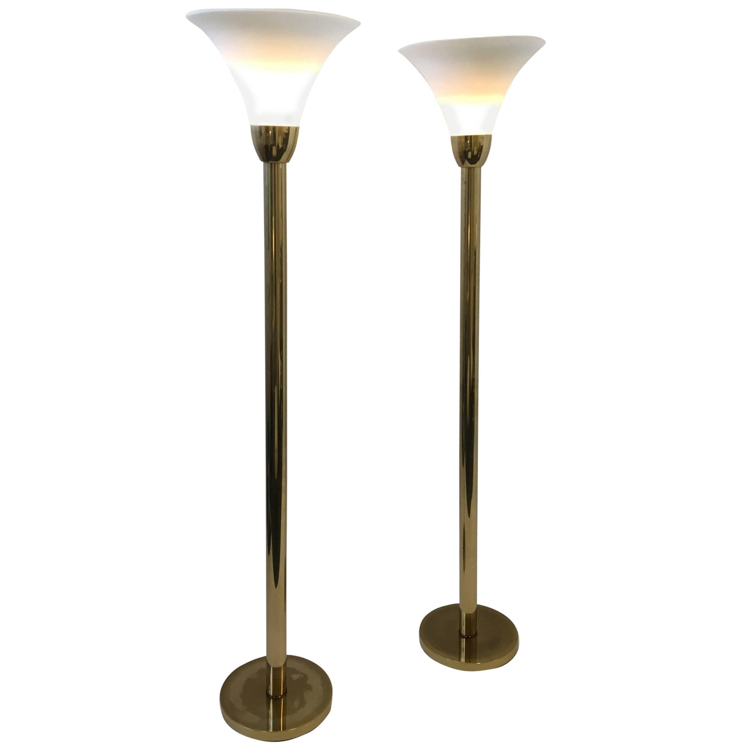 Rare Pair of Brass and Frosted Glass Torchiere by Nessen Studios