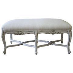 Antique French Painted Bench Upholstered in Natural Linen