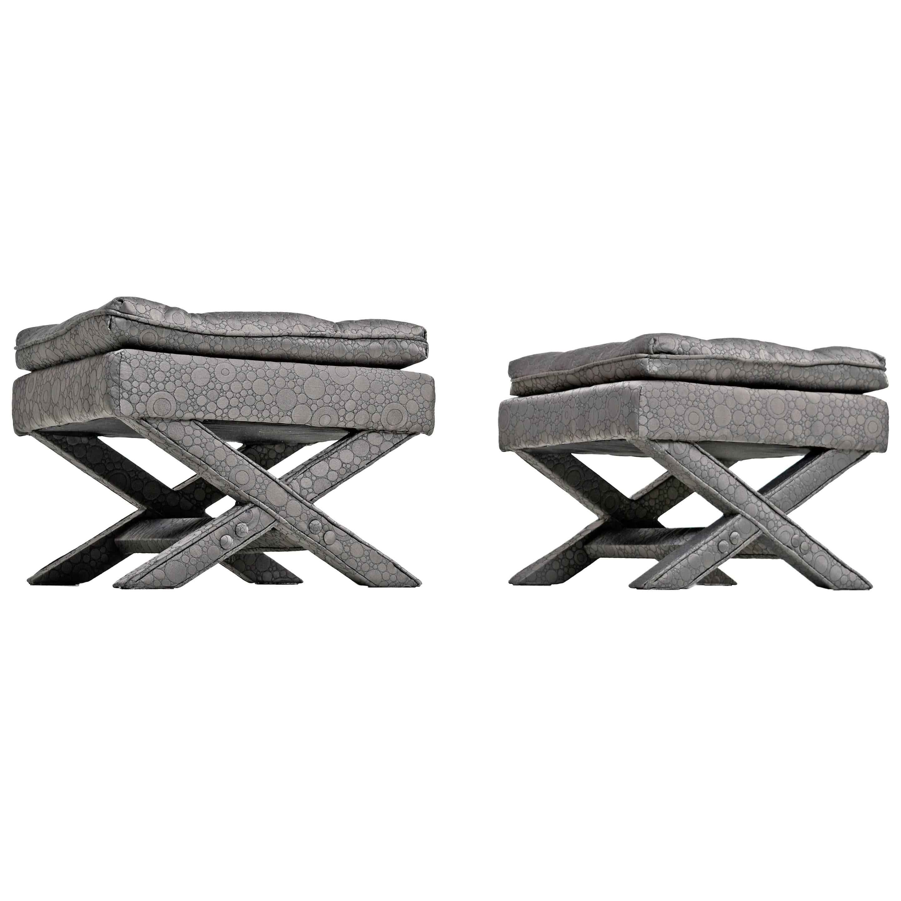 Hollywood Regency Style Grey Billy Baldwin X-Benches Ottomans, 1960s