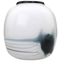 Vintage Michael Bang 1980s White, Black, Blue Art Glass Atlantis Vase