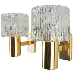 Vintage Orrefors Pressed Glass Brass Wall Lights, 1950s