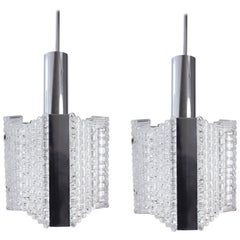 Pair of Atomic Modern Textured Glass, Chrome Pendants, Kaiser, 1960s