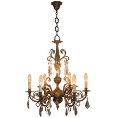 Antique Six-Light Bronze and Crystal Chandelier, circa 1930s