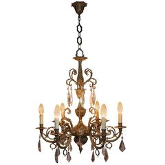 Antique Six-Light Bronze and Crystal Chandelier, circa 1930s 11