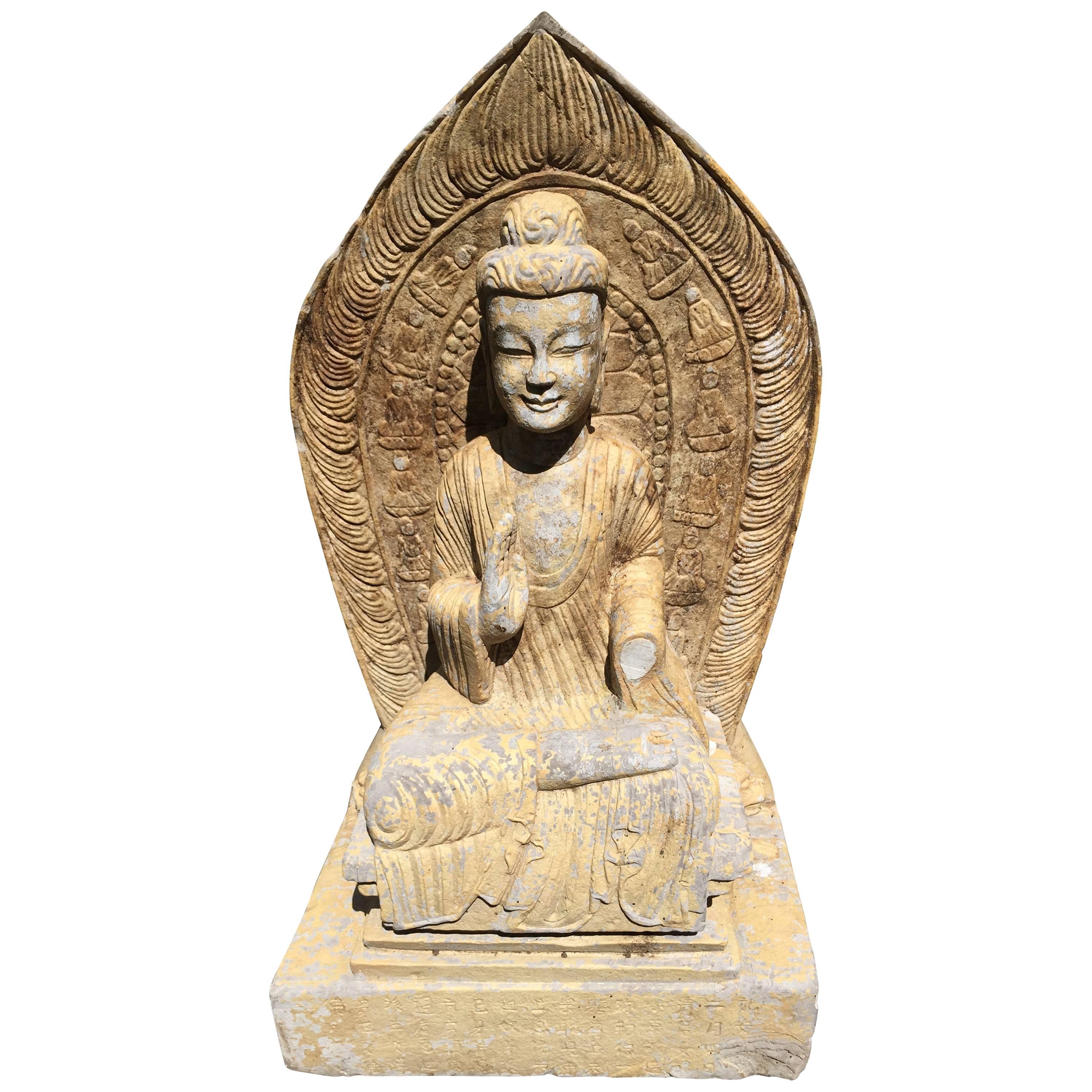 Chinese Antique Large Seated Stone Buddha Guan Yin with Inscription