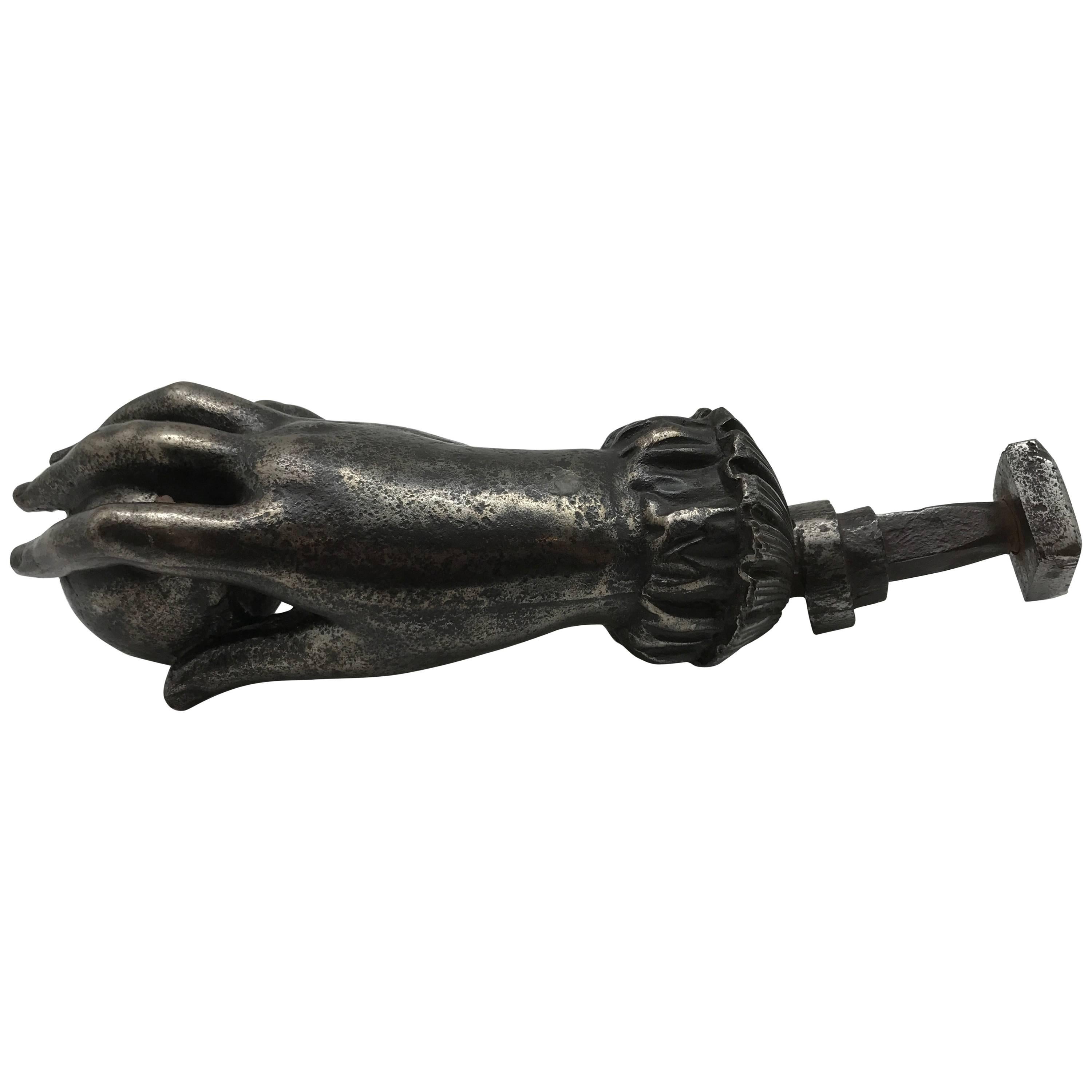 Large 19th Century European Polished Iron Hand and Ball Door Knocker