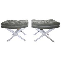 Pair of French Directoire Style Carved Wood X-Stretcher Upholster Benches 9