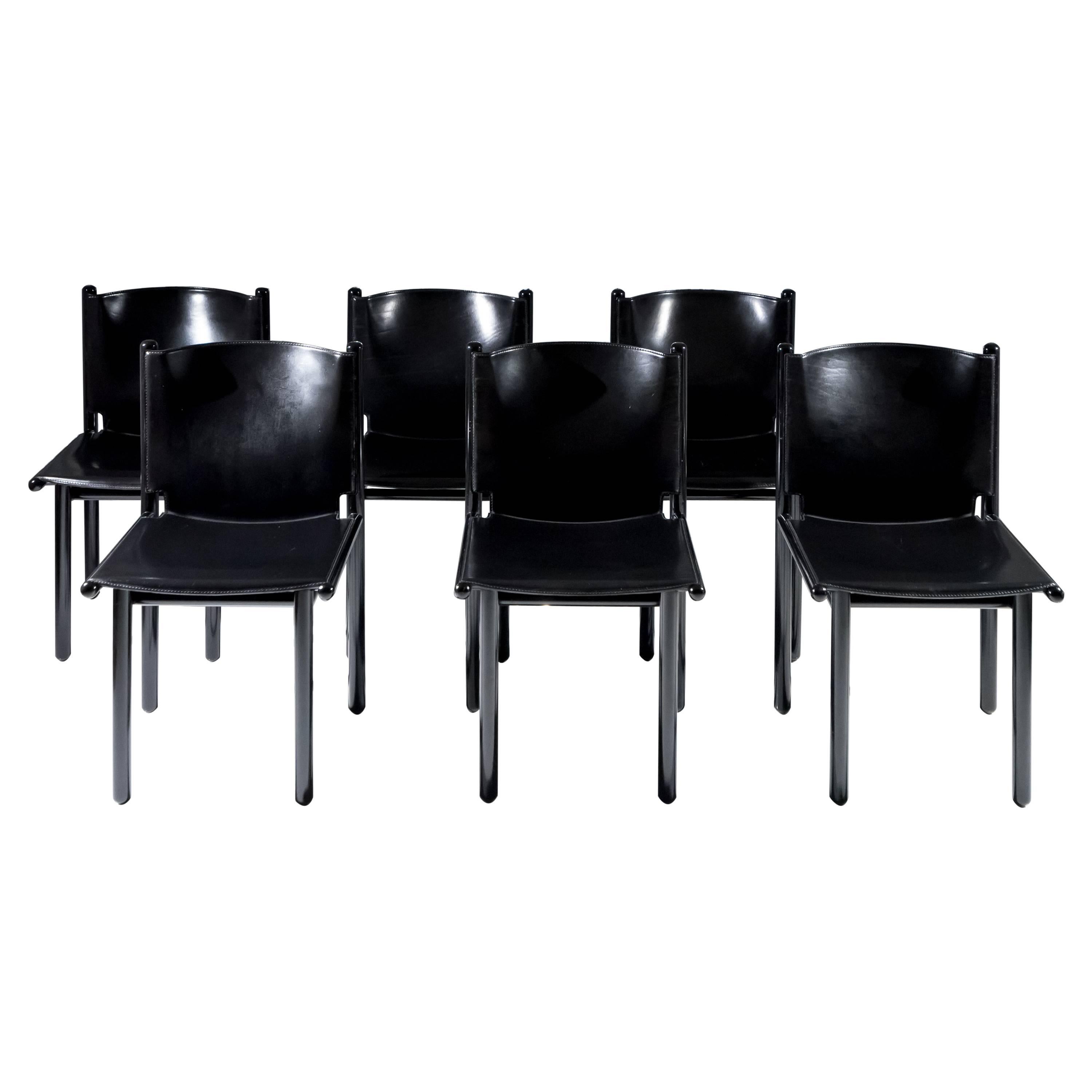Six Black Lacquer & Leather 'Caprile' Chairs by G.F. Frattini for Cassina, 1985