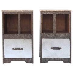 Pair of Iron and Antiqued Mirror End Tables with Limestone Tops