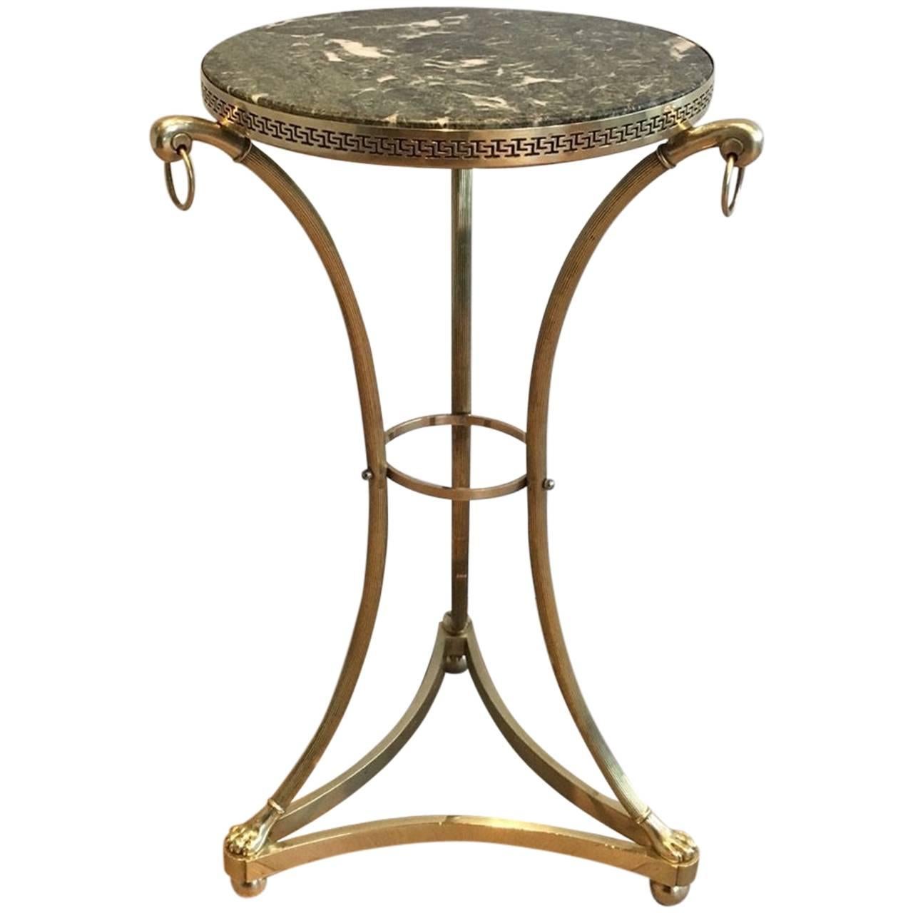 Small Neoclassical Brass Gueridon with Green Marble Top by Maison Charles 