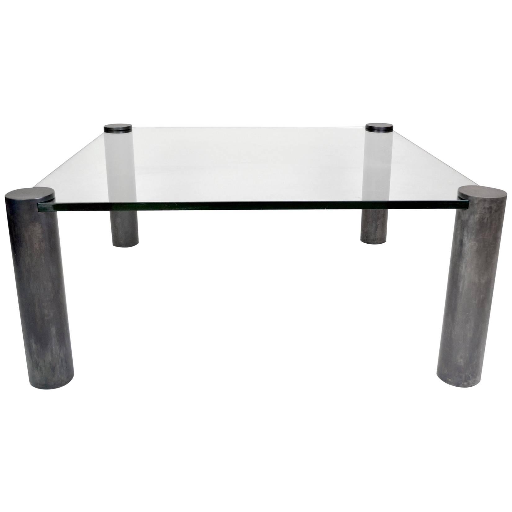 Vintage 1980s Coffee Table with Patinated Brass Cylinder Legs For Sale