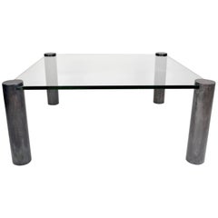 Vintage 1980s Coffee Table with Patinated Brass Cylinder Legs