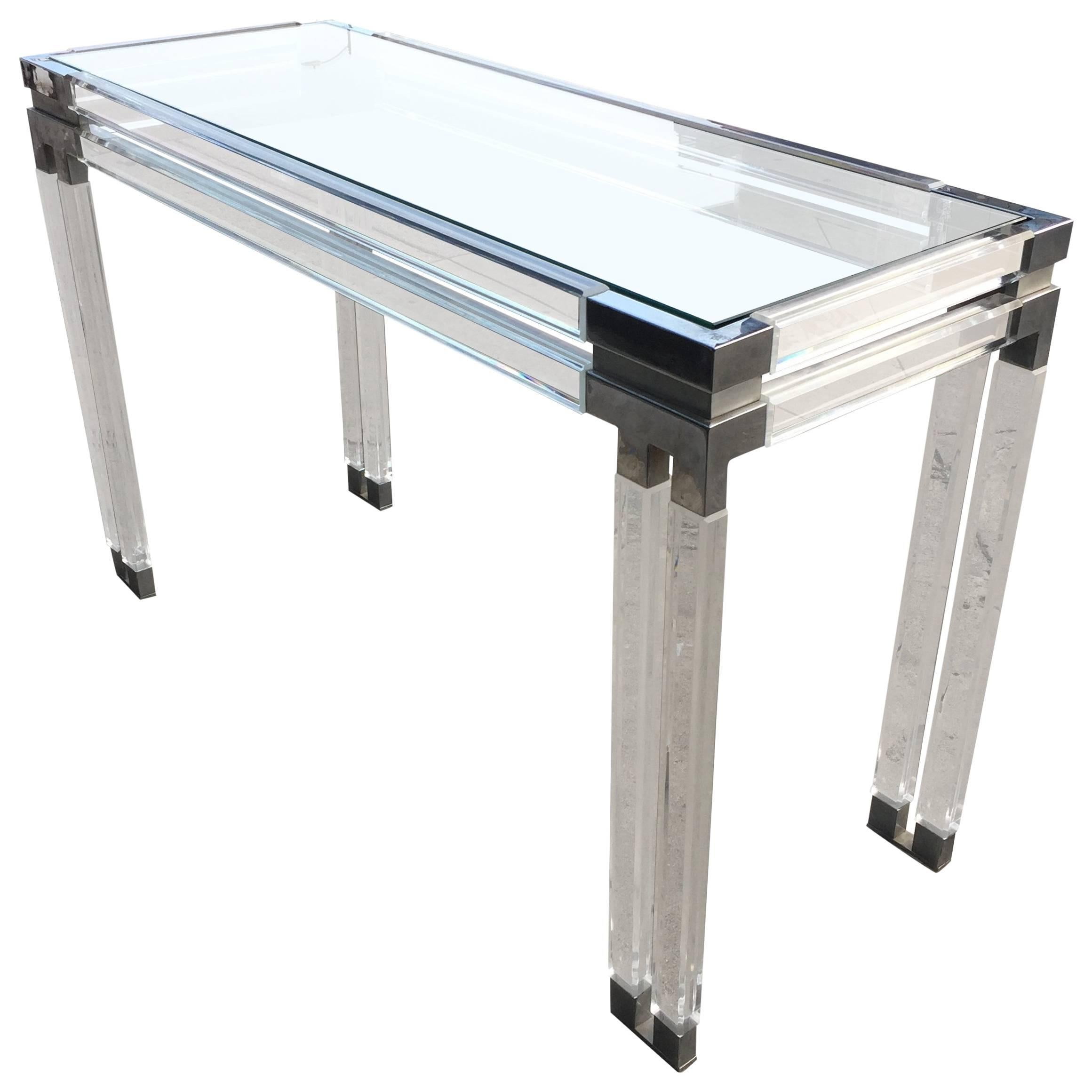 Table console en Lucite et nickel poli par Charles Hollis Jones