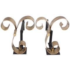 Polished Bronze Scroll Andirons, American, 1940s 2