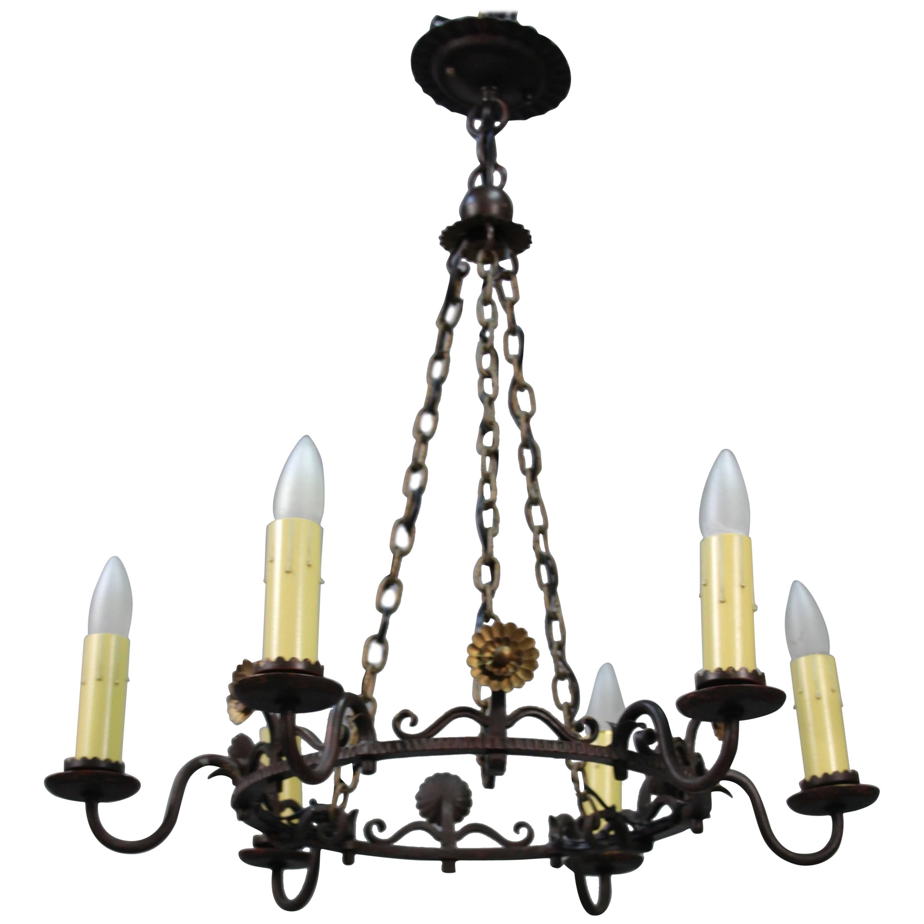 1920s Spanish Revival Bronze and Wrought Iron Chandelier