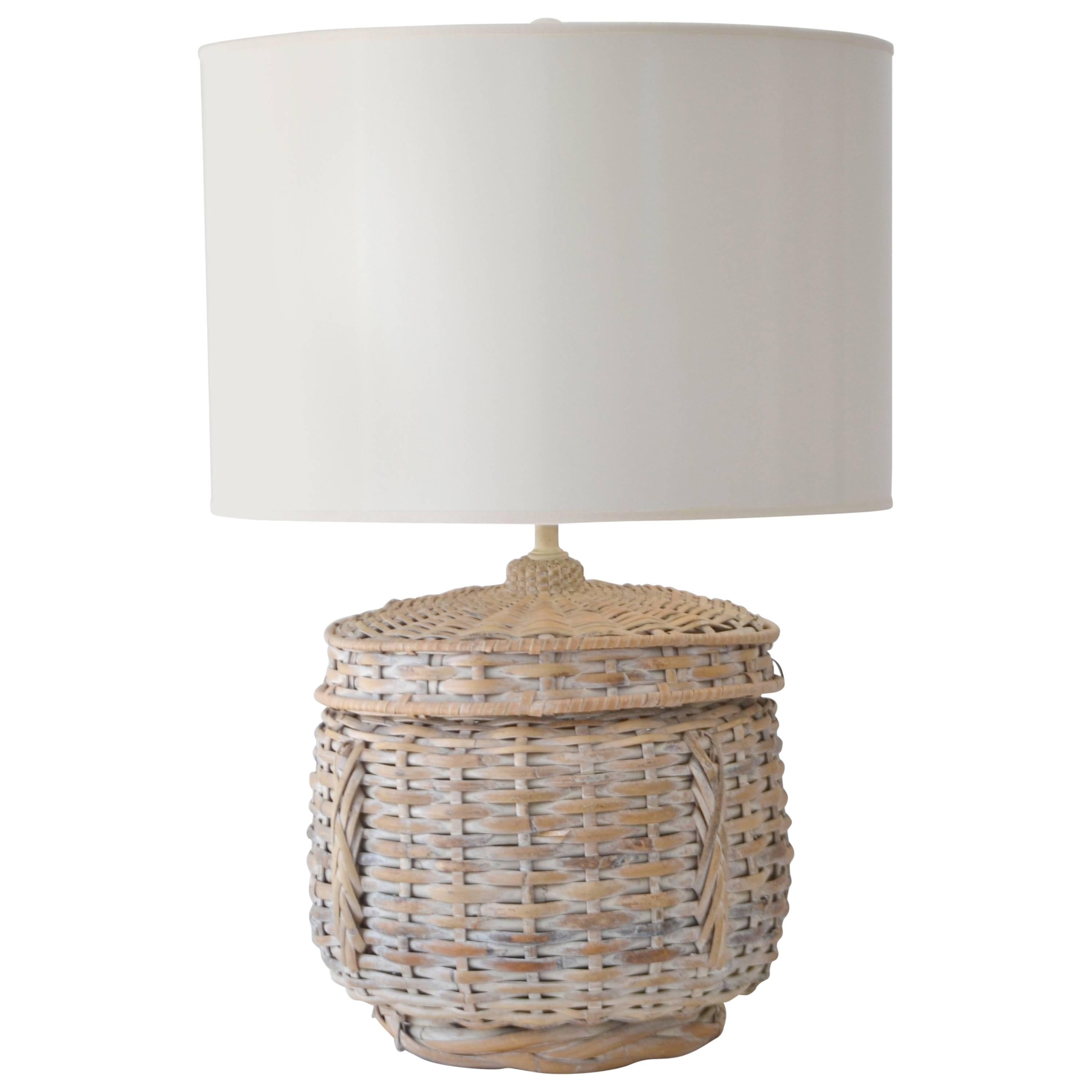 Mid-Century Whitewashed Woven Rattan Basket Form Table Lamp For Sale