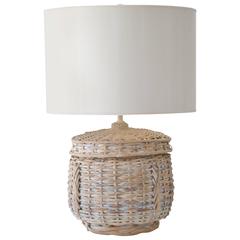 Mid-Century Whitewashed Woven Rattan Basket Form Table Lamp