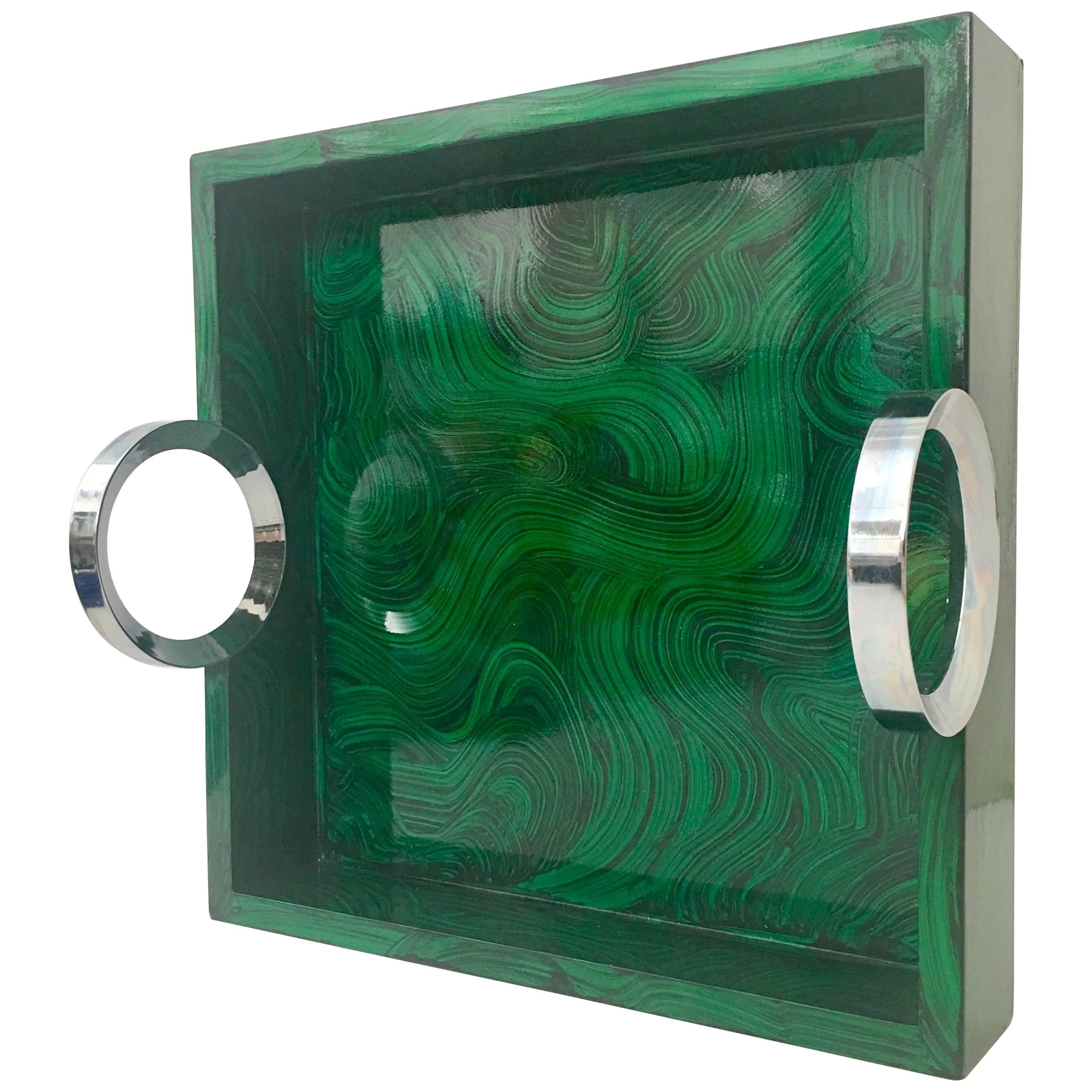 Contemporary Malachite Lacquered Wood and Nickel Silver Tray