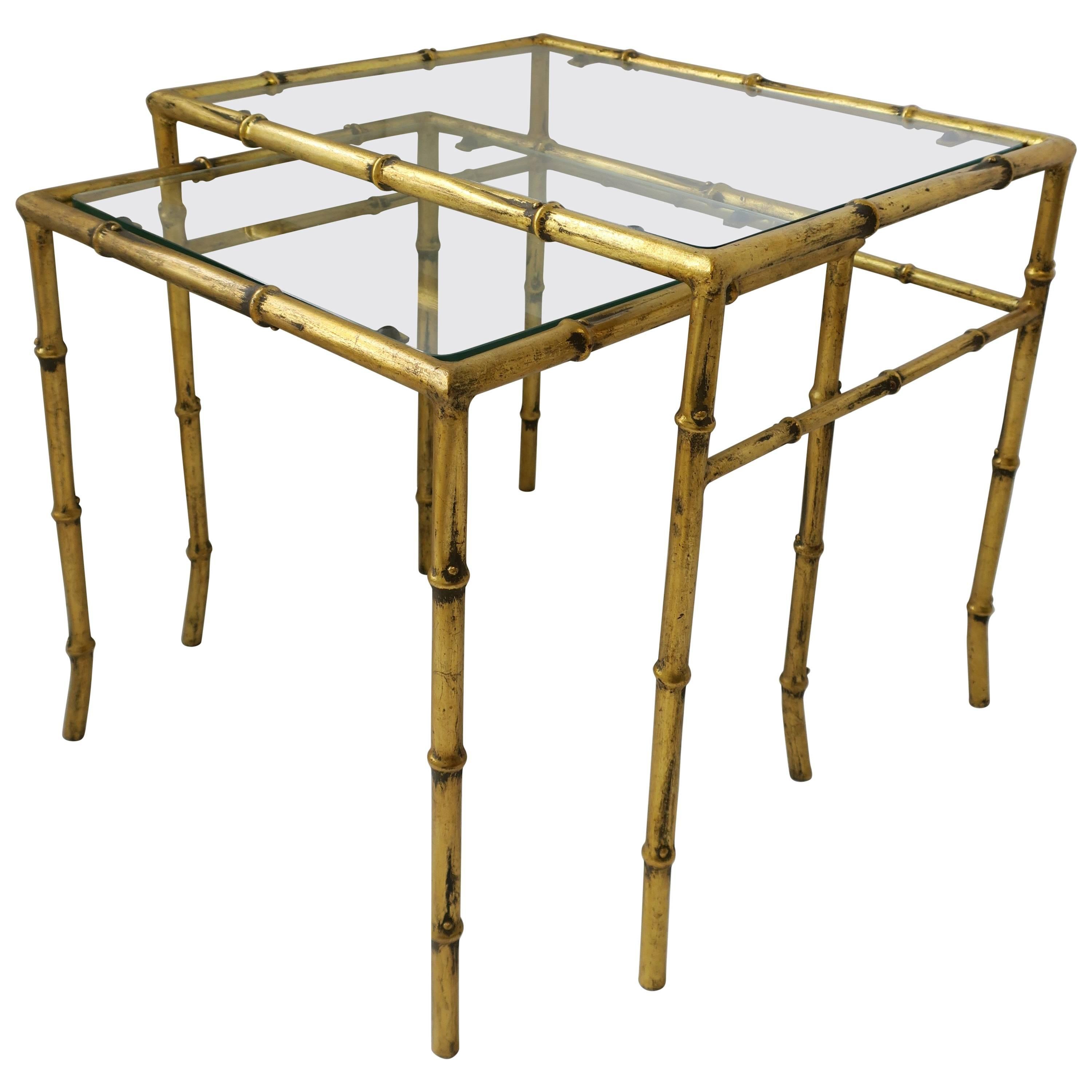 Gold Gilt Bamboo Nesting End Tables, Pair Set