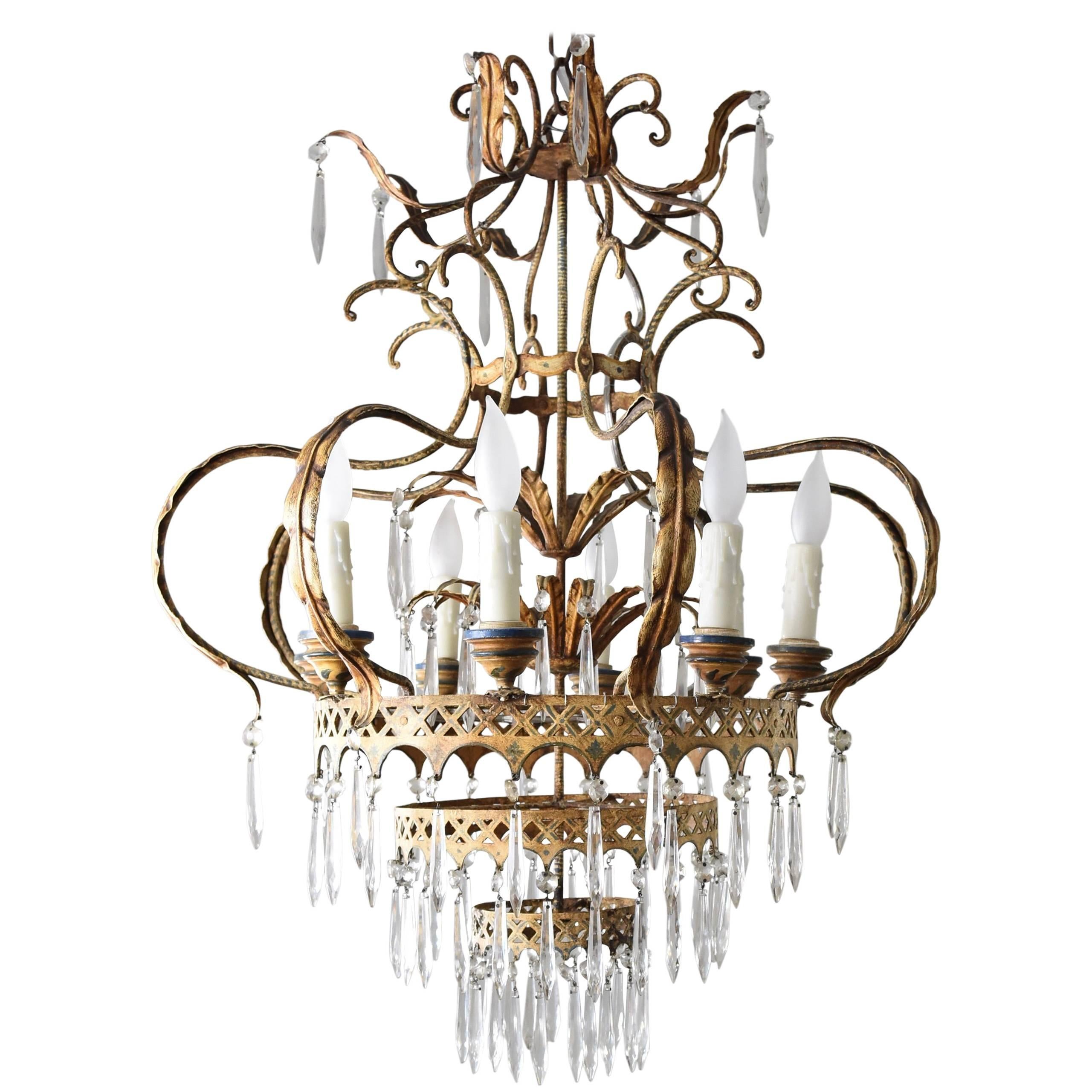 19th Century Italian Corona Tole Chandelier with Eight Arms and Crystals