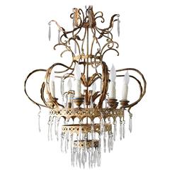 19th Century Italian Corona Tole Chandelier with Eight Arms and Crystals