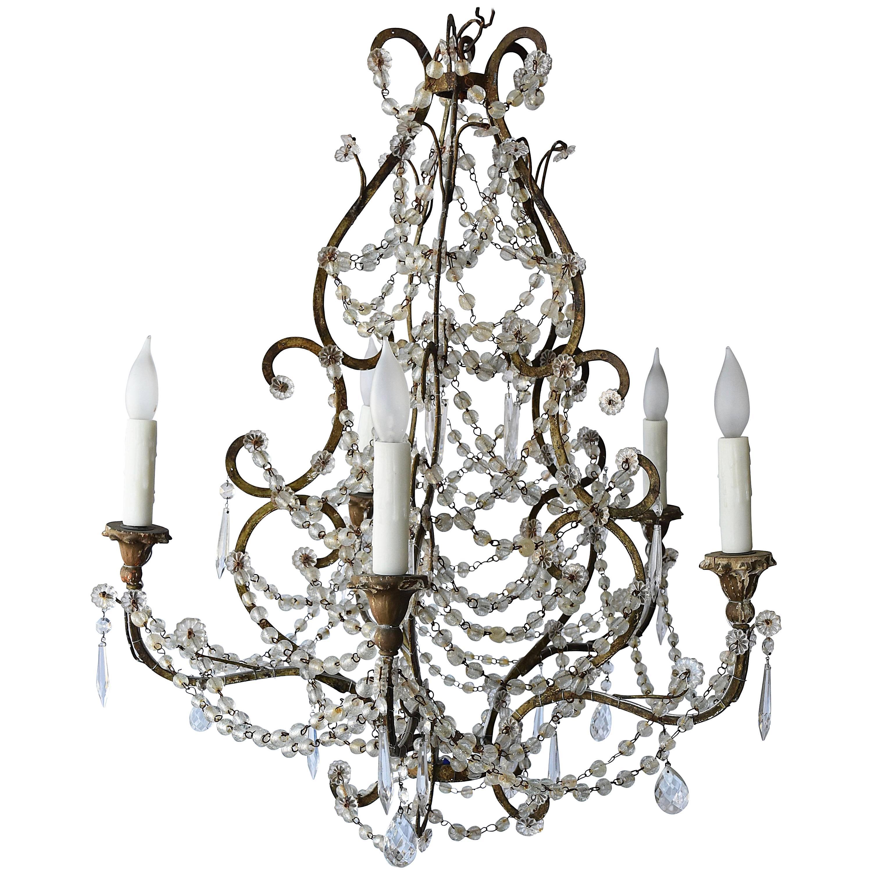 Italian Early 19th Century Draped Blown Glass Beaded Chandelier Iron and Wood