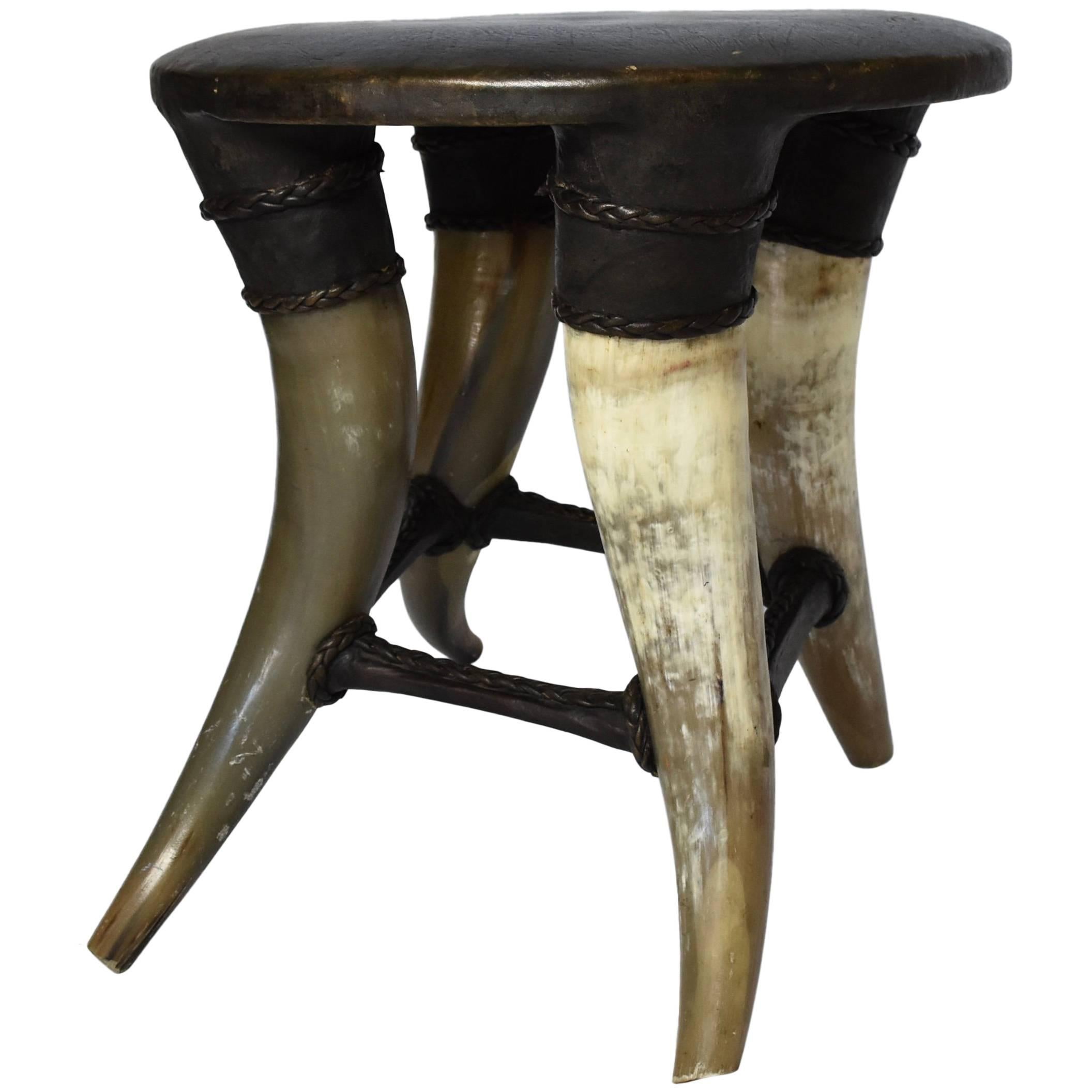 Vintage African Horn Stool with Chocolate Brown Leather Upholstery