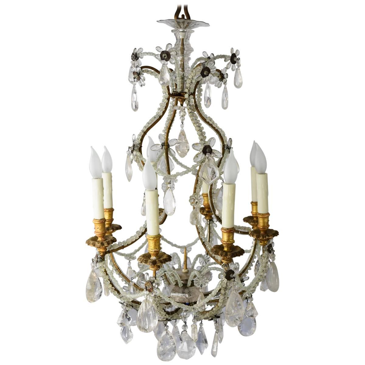 19th Century Beaded Italian Chandelier with Gilt Wooden Bobeches & Rock Crystals