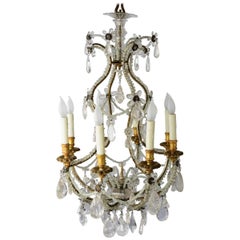 19th Century Beaded Italian Chandelier with Gilt Wooden Bobeches & Rock Crystals
