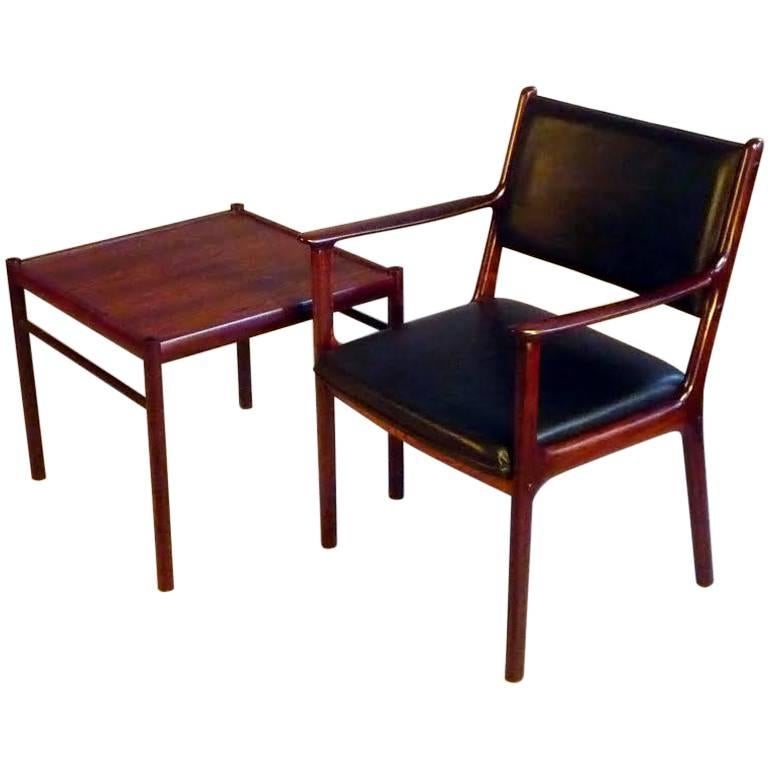 1950s Ole Wanscher PJ412 Black Rosewood Armchair and Side Table for P. Jeppesen
