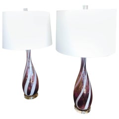 Pair Amethyst Purple Murano Retro Glass Italian Table Lamps Lucite Chrome