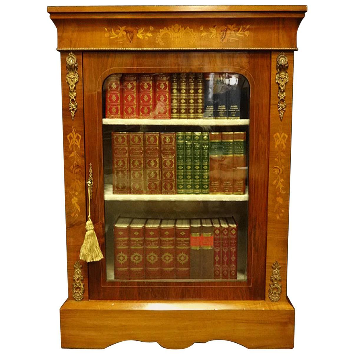  Victorian Walnut and Marquetry Inlaid Pier Cabinet Bookcase .1870