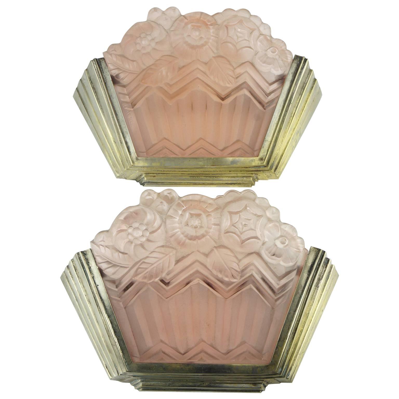 Art Deco Noverdy Wall Sconces with Pink Moulded Glass For Sale