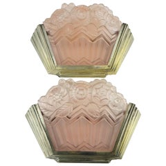 Vintage Art Deco Noverdy Wall Sconces with Pink Moulded Glass