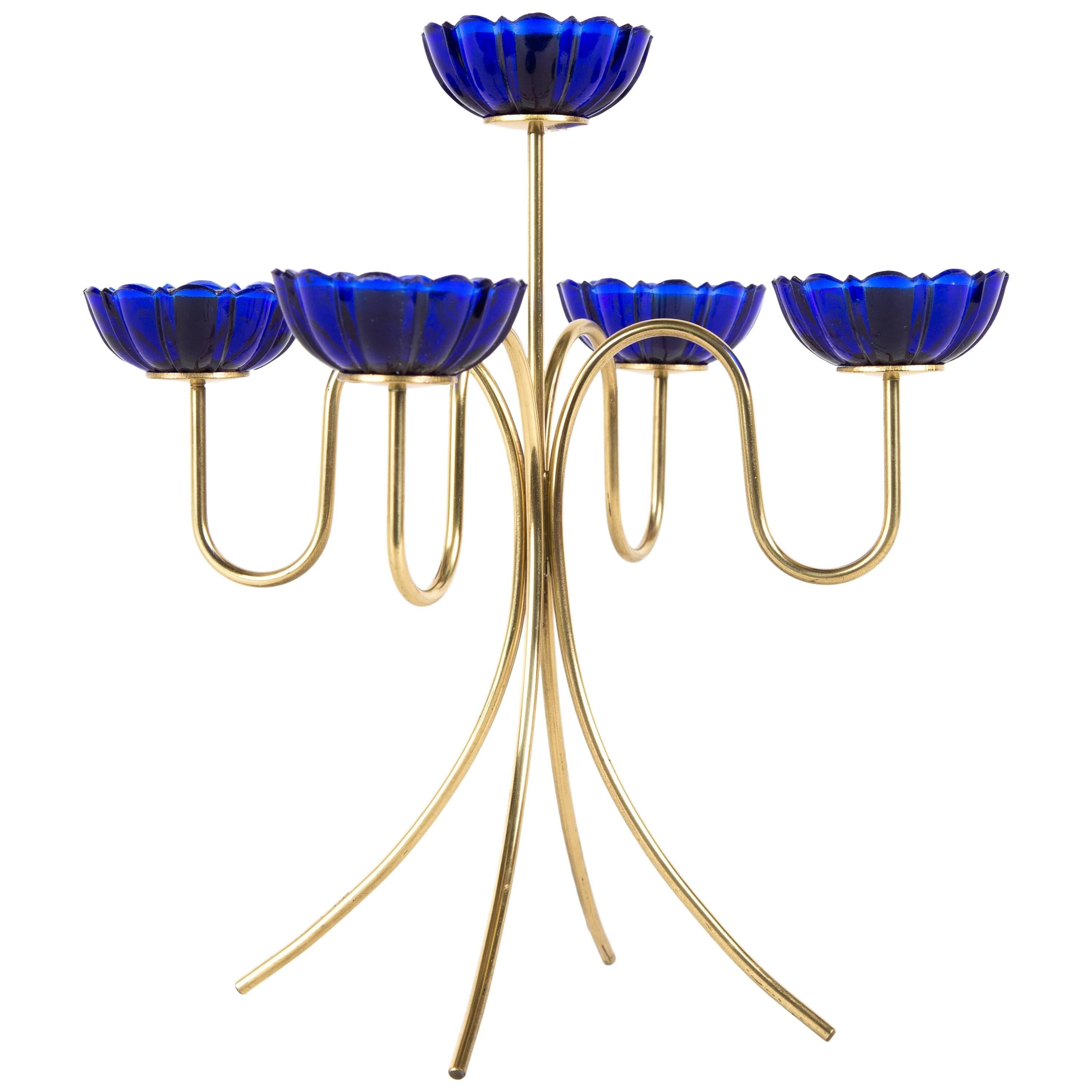 GUNNAR ANDER CANDLE HOLDER for Ystad Metall with brass and artglas in blue For Sale