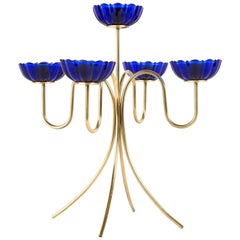 GUNNAR ANDER CANDLE HOLDER for Ystad Metall with brass and artglas in blue