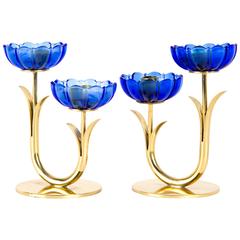 GUNNAR ANDER CANDLE HOLDERS Sweden for Ystad Metall, blue flower  with brass