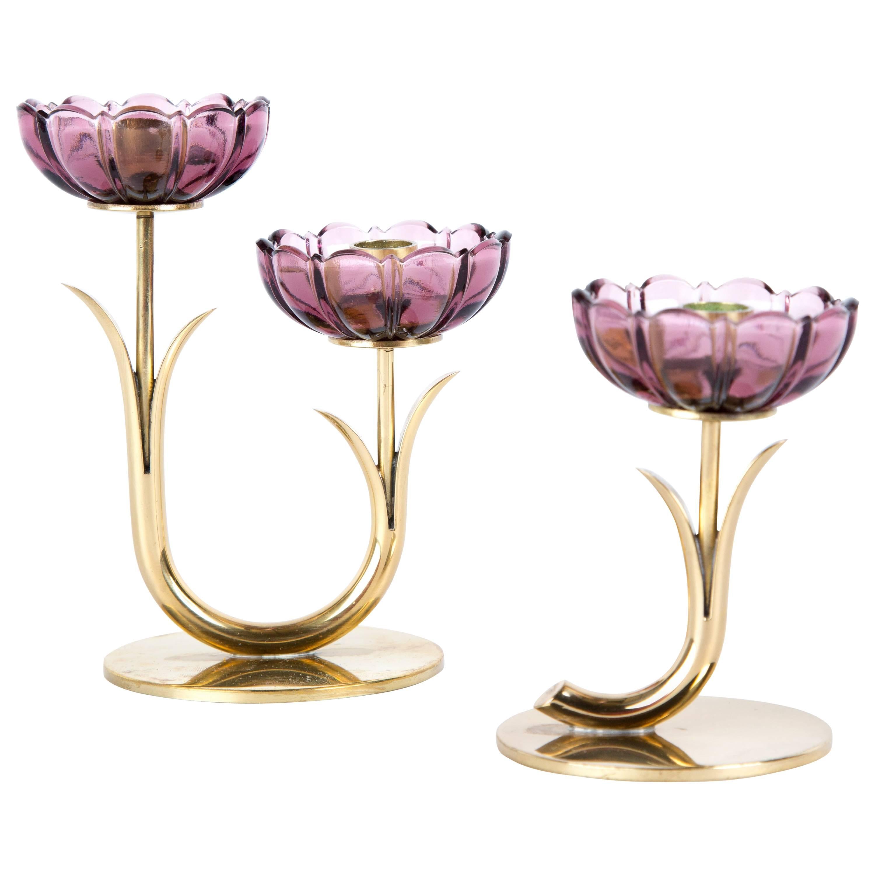 Set of Two Gunnar Ander for Ystad Metal Candleholders Flowers in Brass