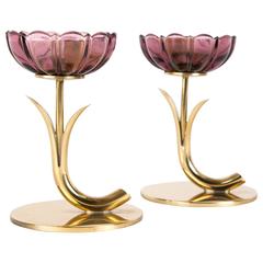Vintage Pair of Gunnar Ander Candleholder Dark Pink Flowerglass, Ystad Metall Sweden